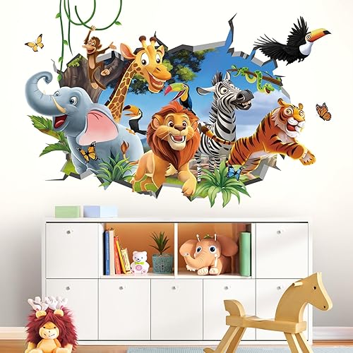 Miniatura 3 de decalmile Calcomanías de pared 3D de animales de selva, elefante, león, mono, calcomanías de pared para habitación de niños, cuarto de bebé,