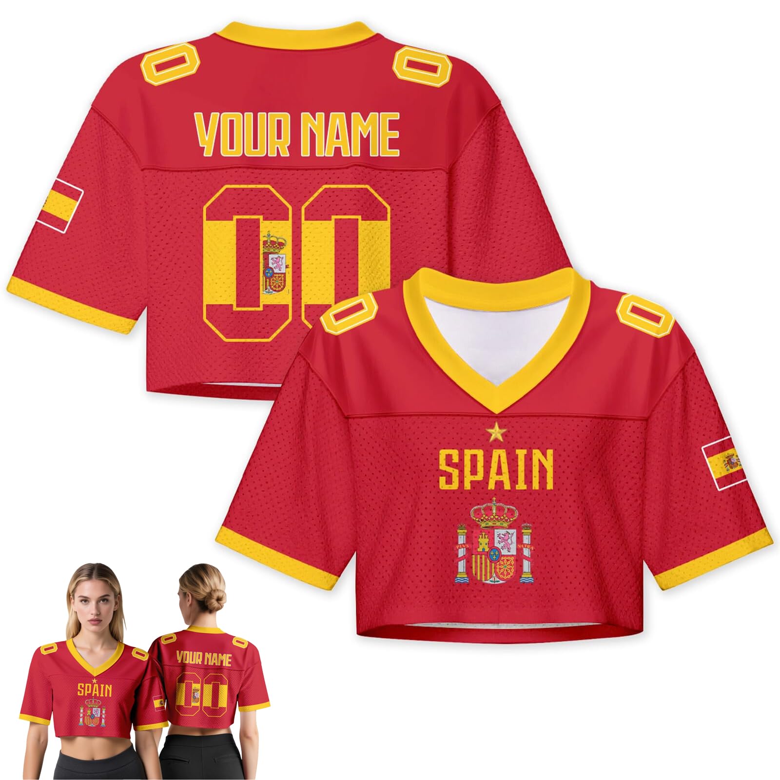 Genérico Camiseta de fútbol Personalizada para Mujer con Bandera, Camiseta Corta de Malla Estilo Y2K Personalizada con Nombre y número, Top Corto Personalizado para Mujer para Mundial 2026