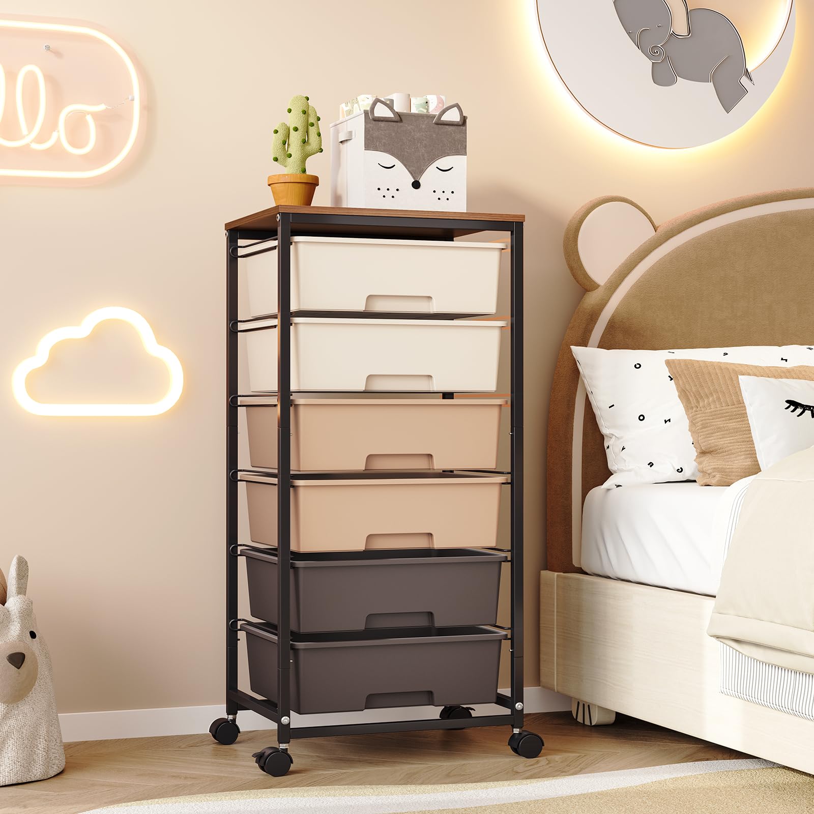 Cassettiera con Ruote KINGRACK con 6 Grandi Cassetti e Ripiani – Carrello con Ruote, Adatto per Uffici, Camerette dei Bambini e Stanze dei Hobby (Marrone)