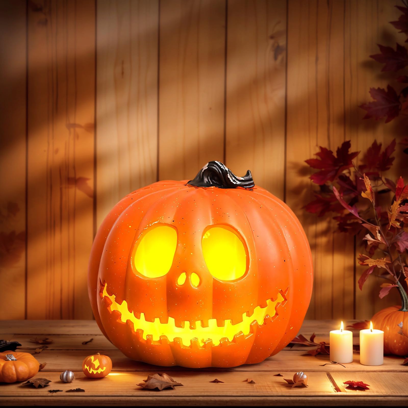 Halloween Deko Kürbis Licht Holz - Batterie Laterne Mit Schwarzer Katze