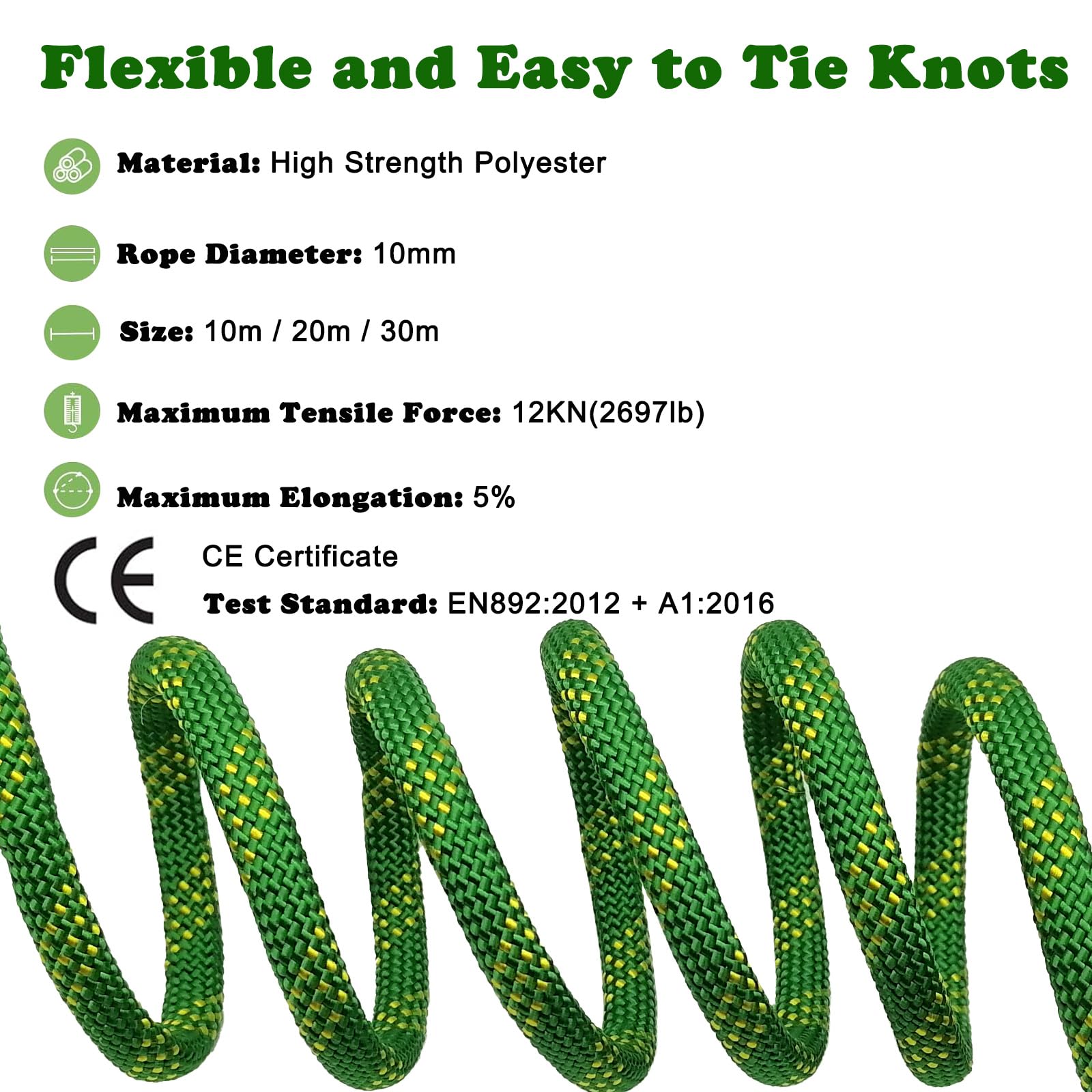 Corde de 10mm, Cordon Multi-Usage, Corde Résistante pour l'extérieur et l'intérieur, Le Camping, la Randonnée, Le Bateau, la Pêche, Le Bricolage et Les Projets à Domicile (Vert, 20m)