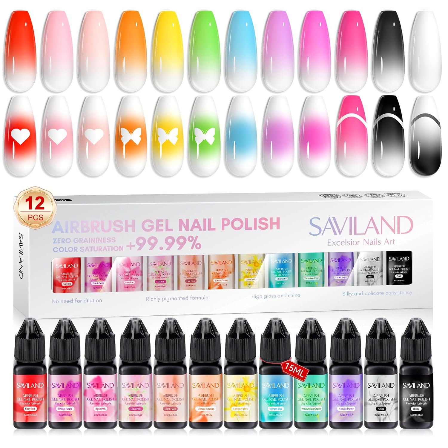 SAVILAND Airbrush Gel Nail Polish Set - New Formula12 Dilution-Free Vitality Colors, Non-Acetone Fine Mist for French & Ombre Nail Art, Home Salon Nail Set