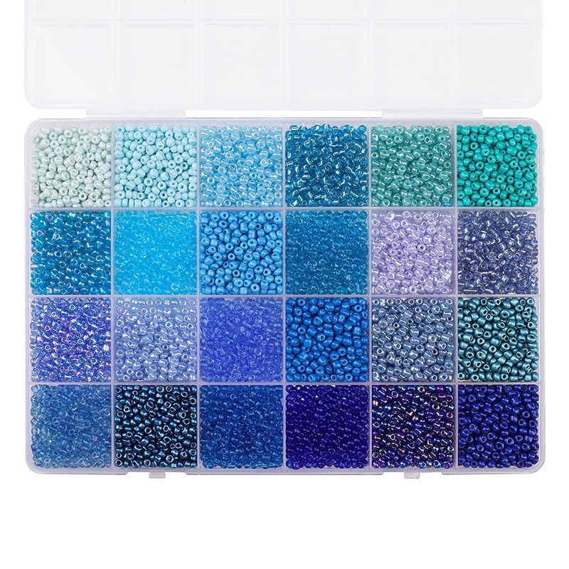 3mm Round Glass Seed Beads, Small Glass Seed Beads in 24-Grid Box for Crafting, Bracelets, Keychain Making, About 5200Pcs, Blue Tone