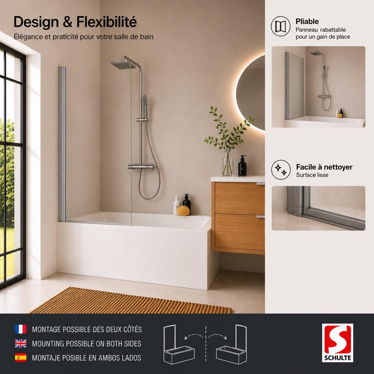 Schulte pare baignoire 70 x 120 cm, alu-argenté, réversible, verre 5 mm | paroi pivotante paroi pivotant rabattable à 180° verre trempé