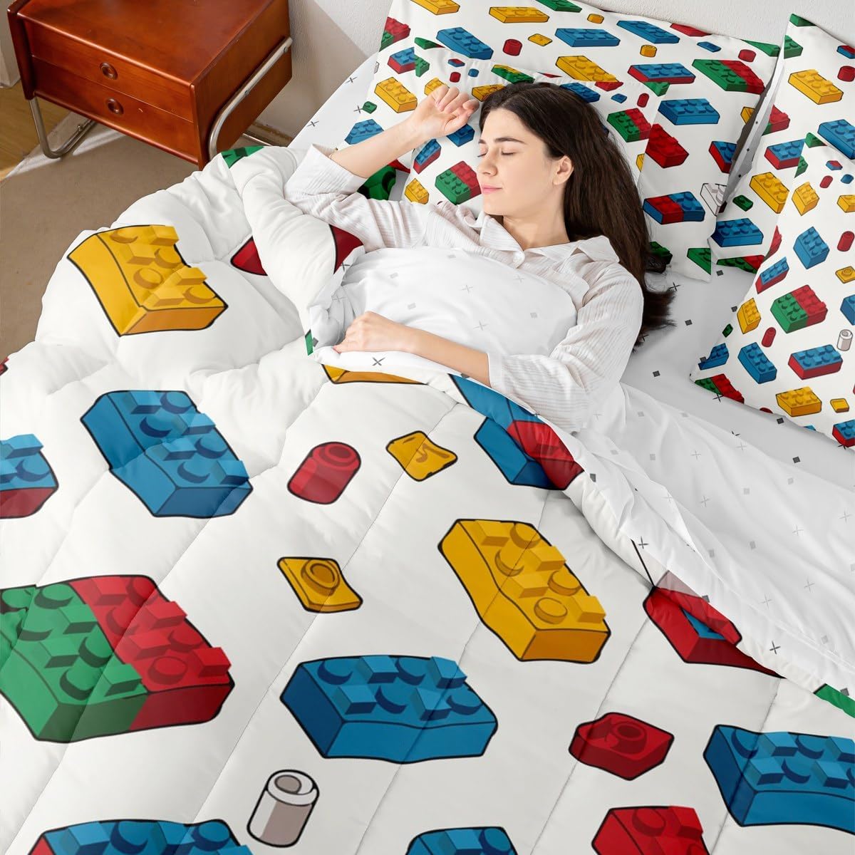 Feelyou Building Blocks 7 Piece Bedding Set Full Size Brick Bed Set Includes Comforter, Sheet Set, Pillowcases & Pillow Covers for Comforter Set with Sheets, Colorful