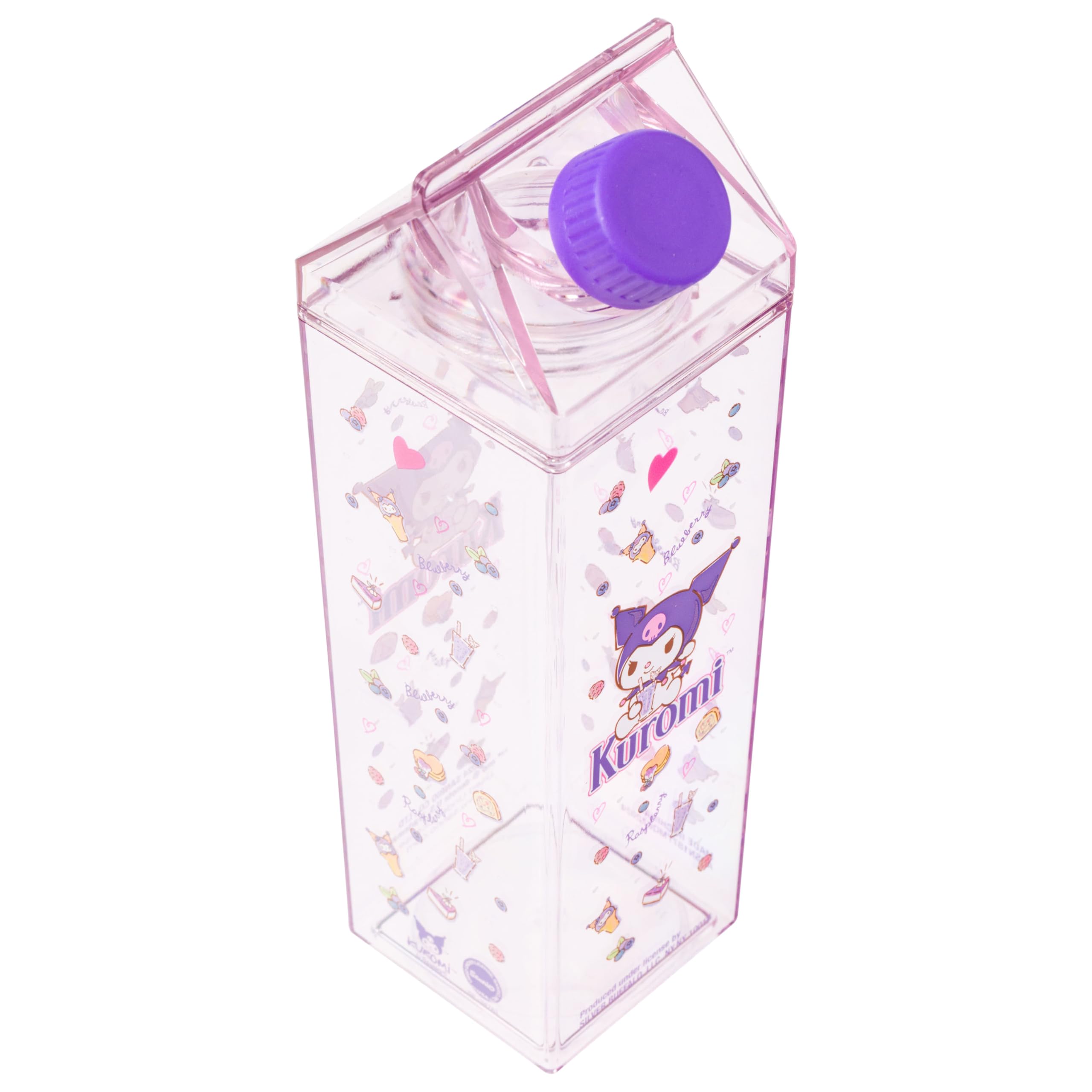 Silver Buffalo Sanrio Hello Kitty and Friends Featuring Kuromi and Raspberries Plastic Purple Milk Carton Pitcher Bottle, 16.2 Ounces