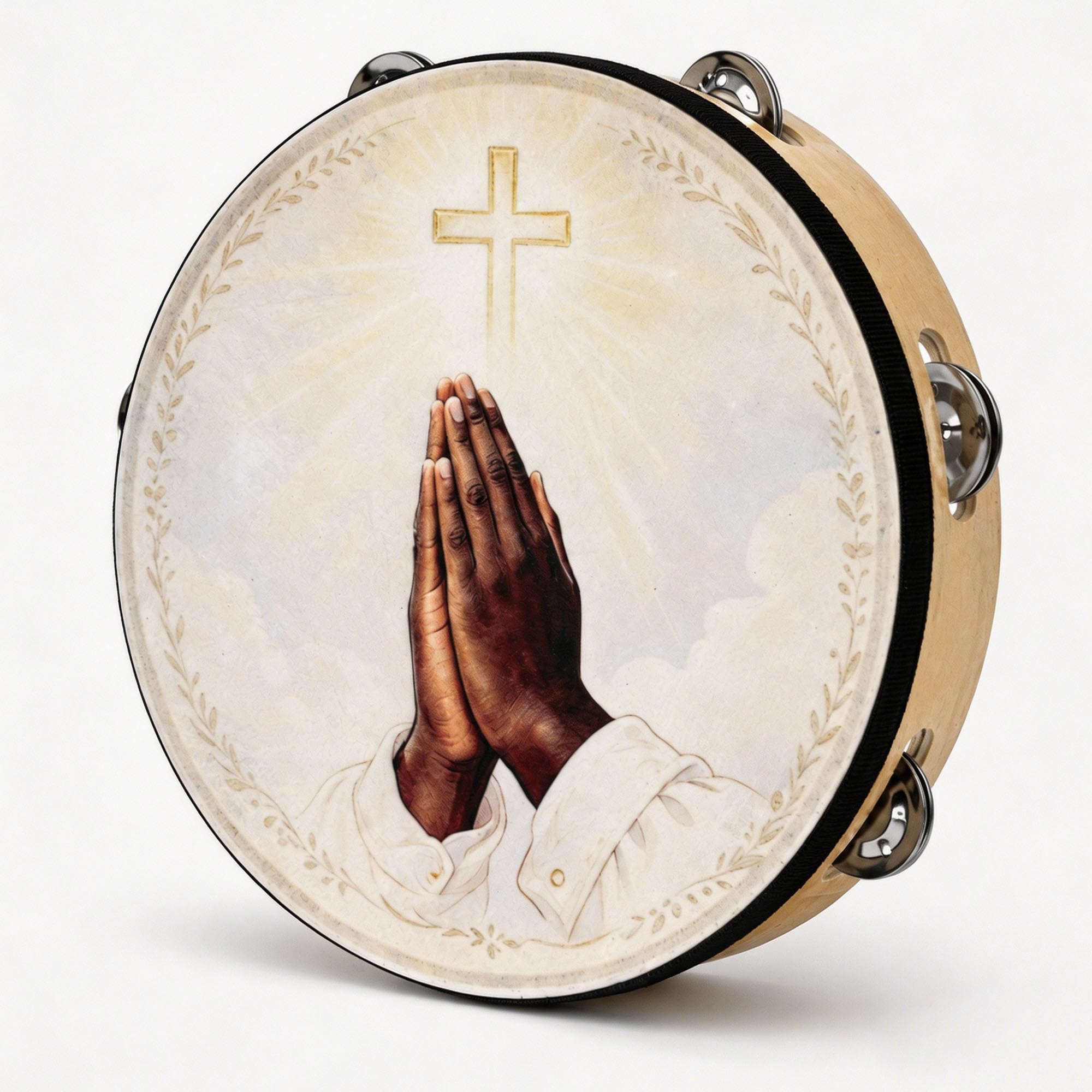 Christian Worship Wood Tambourine Set, Birch, Faux Sheepskin, Metal Jingles