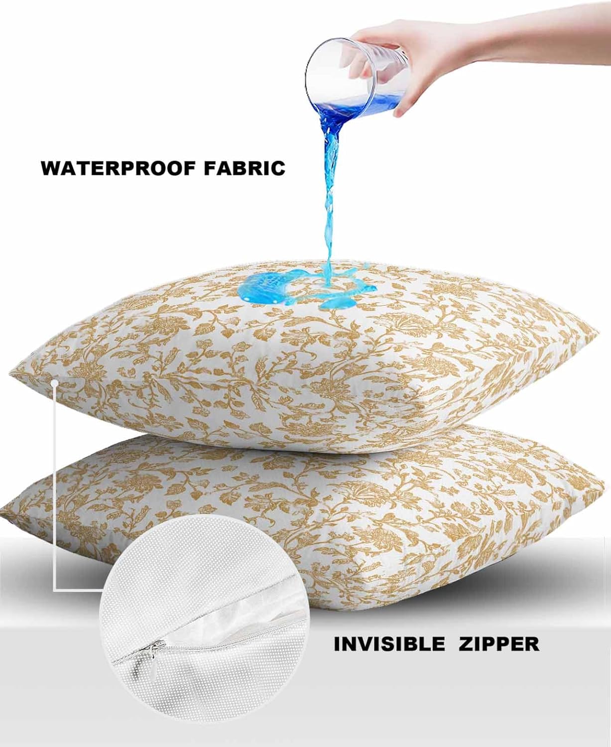 Outdoor Waterproof Pillow Covers French Country Retro Floral Decorative Throw Pillow Protectors, Ginger Seamless Flower Pillowcase Cushion Cases for Patio Sofa Garden Couch,16x16IN,Pack of 2