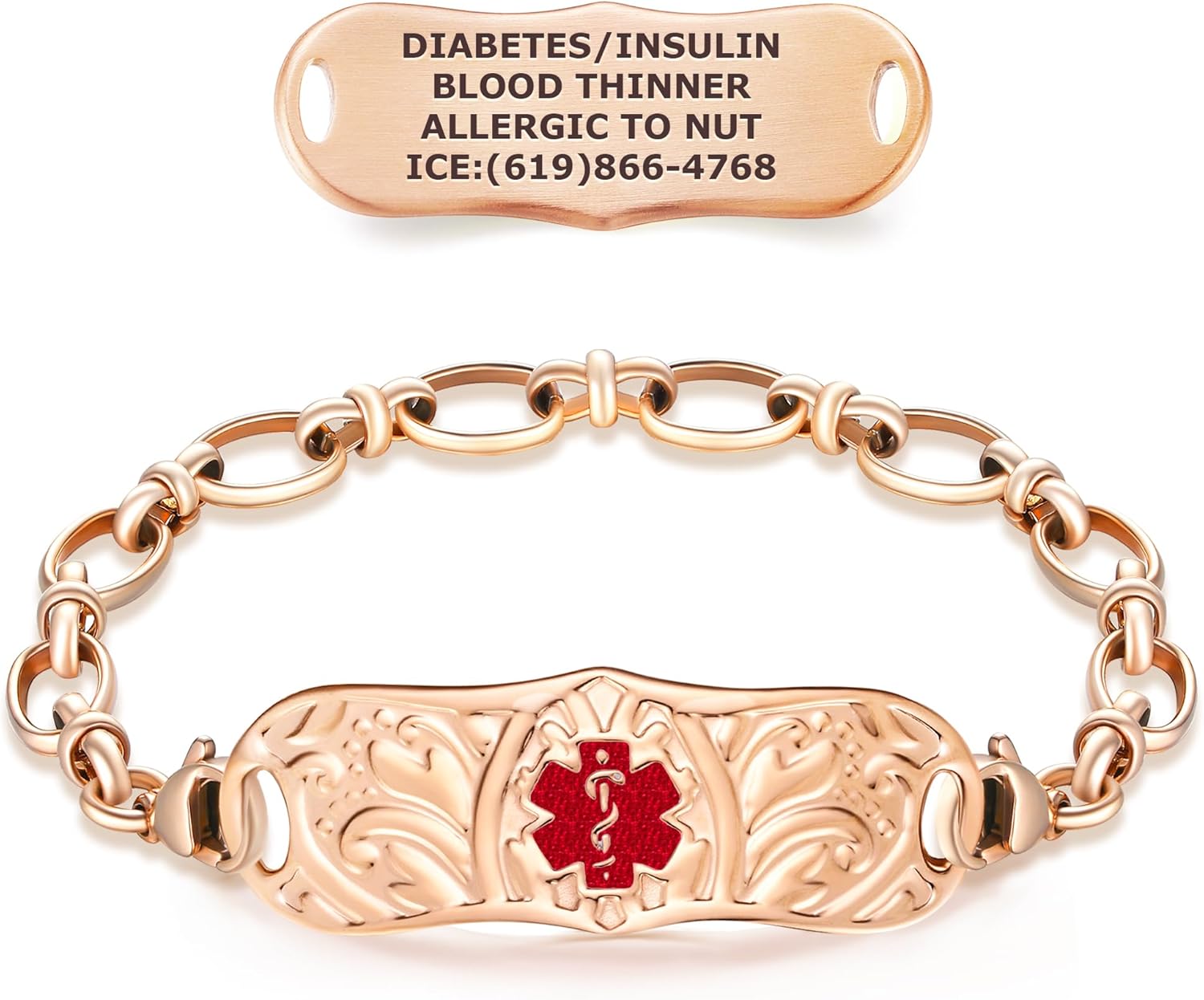Divoti Custom Engraved Medical Alert Bracelets for Women | Signature Custom Medical ID Bracelet with Red Caduceus | 4-Line Personalized Emergency ID