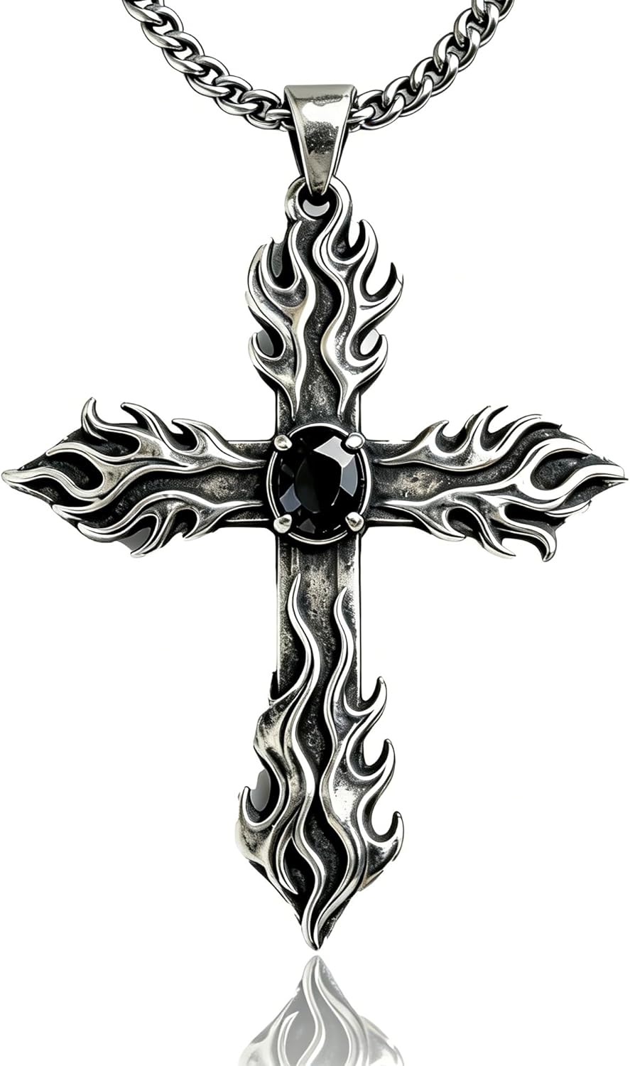 Gothic Cross Necklace, Black Cross Necklace with Glass Stone for Men, Gothic Punk Cross Pendant Necklace for Men