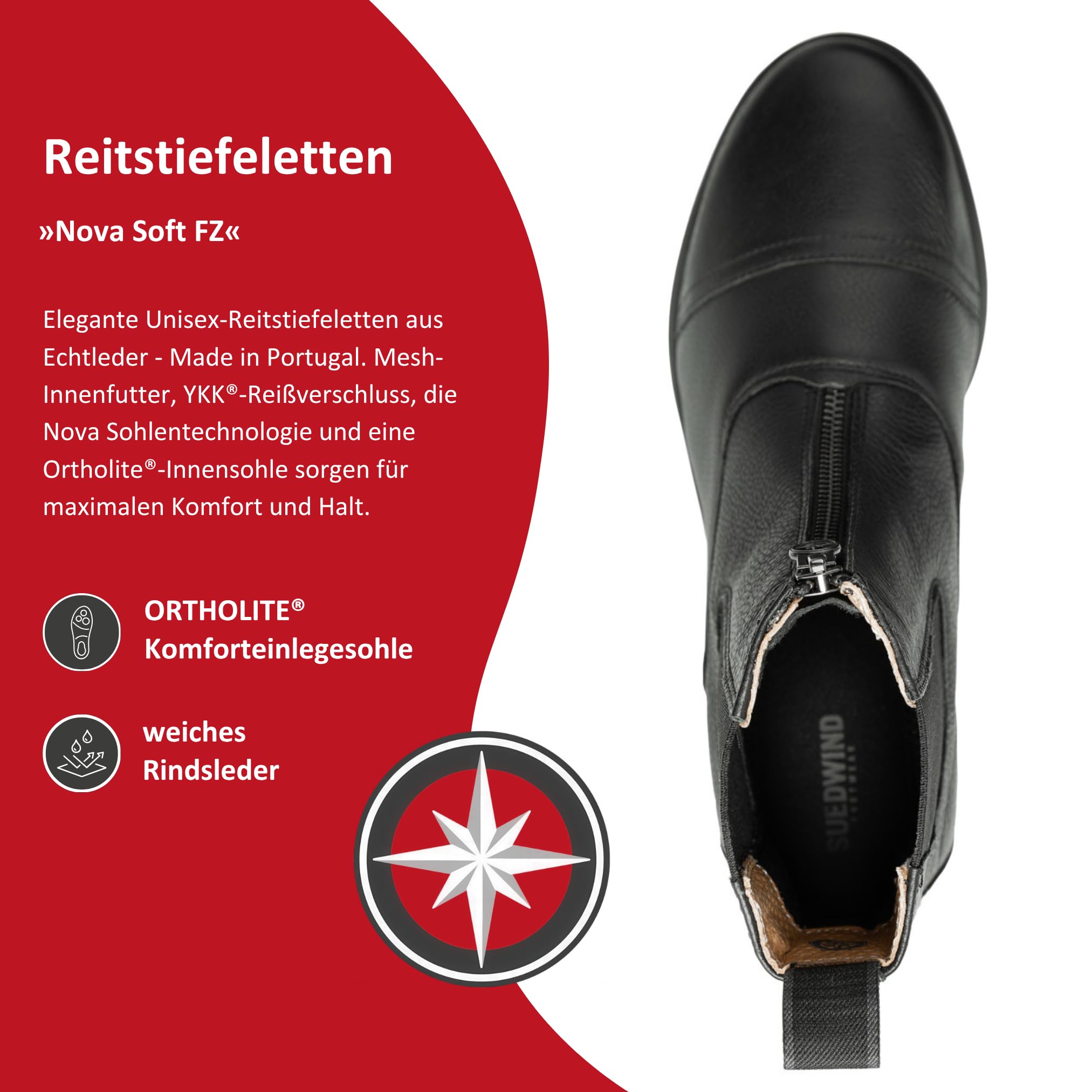 SUEDWIND FOOTWEAR Reitstiefeletten Nova Soft FZ - Unisex Reitschuhe aus weichem Rindsleder – Paddock Stiefeletten mit Mesh-Lining, Nova-Gummisohle & Reißverschluss vorne – schwarz – Gr. 25-46