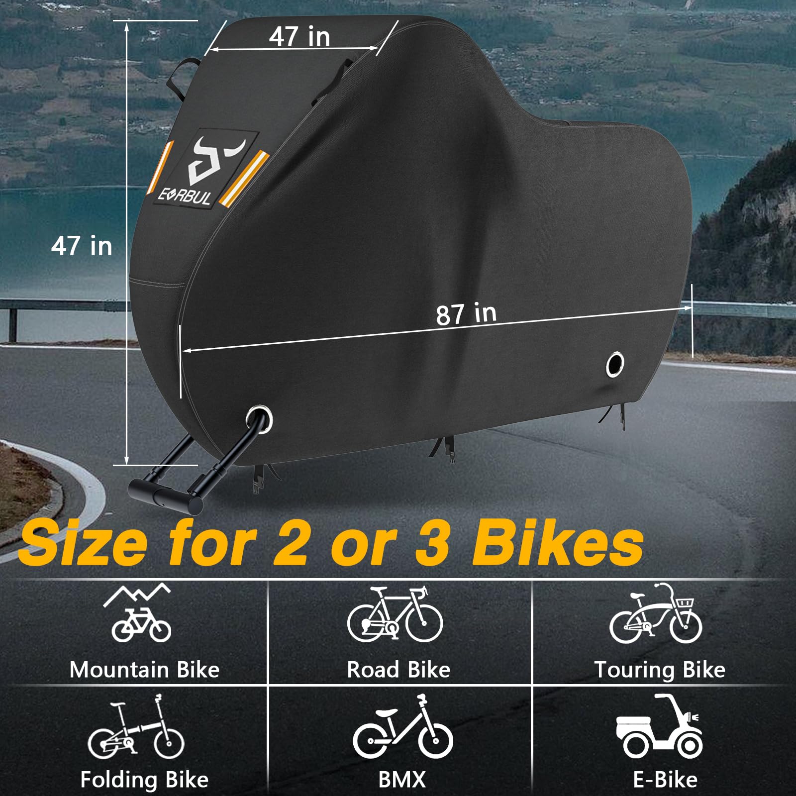 EVRBUL Fahrradabdeckung für 2 oder 3 Fahrräder, 214 cm L x 119 cm B x 129 cm H, wasserdichte Fahrradabdeckungen für den Außenbereich, mit Schlossloch, 420D strapazierfähiges Gewebe, Regen, Sonne, UV