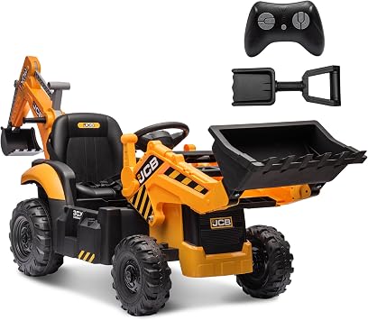 24V Excavator Ride on Toy, Licensed JCB 3CX Electric Backhoe Loader Car for Kids, Ride on Digger, Bulldozer & Construction Vehicles w/Remote Control, Bluetooth Music, Moving Parts, 240W Motor