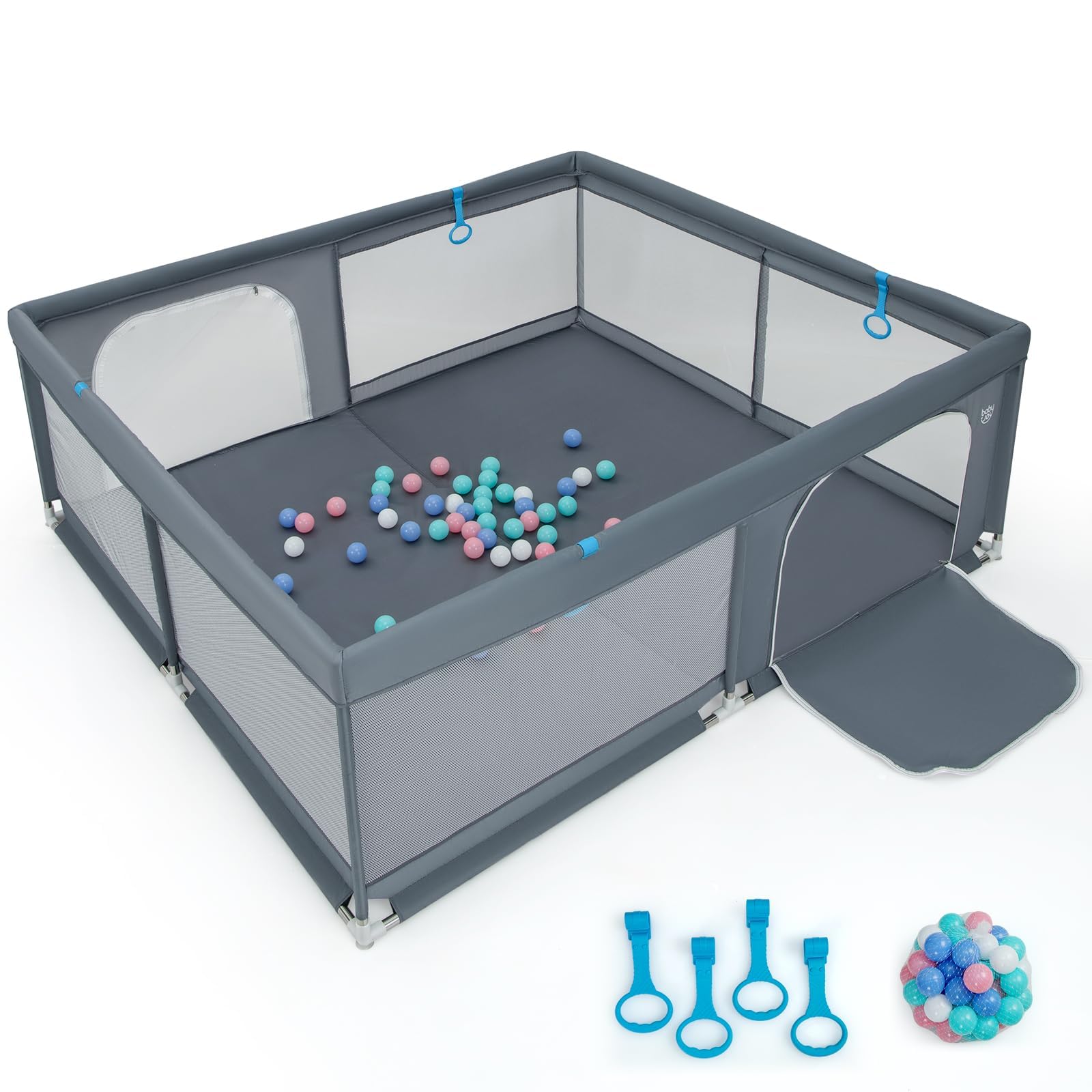 RELAX4LIFE Box per Bambini 200 x 180 cm con 4 Anelli,50 Palle, Design a Cerniera Esterna, Ventose Antiscivoli (Grigio)