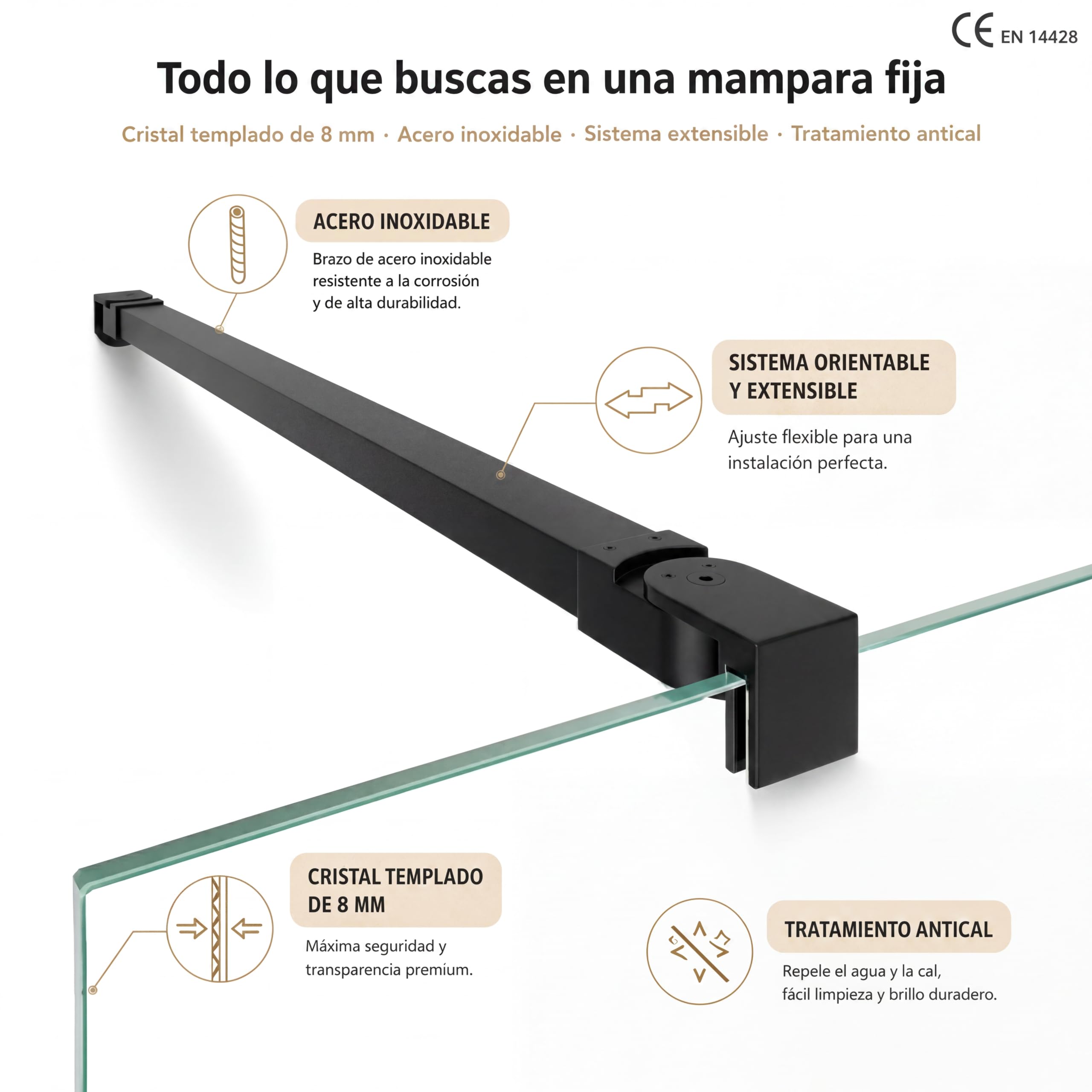 Mampara Ducha Fija - Mamparas de Ducha Fija con Cristal Templado 8 mm – Cristal Transparente con Tratamiento Antical - Perfilería Negro Mate – 88 a 90 cm (Ancho Adaptable) x 200 cm (Alto)