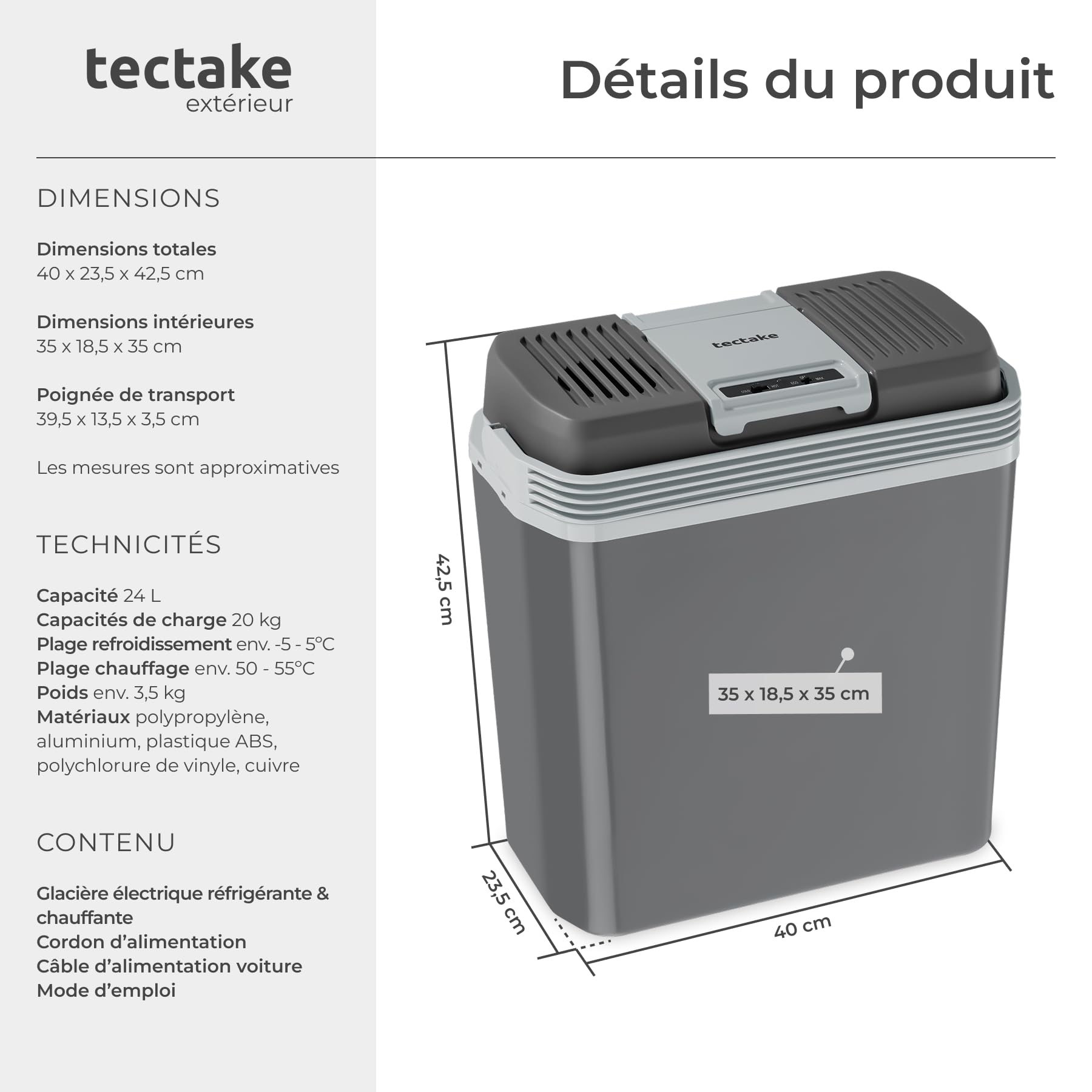 tectake® Glacière électrique 2en1 réfrigérante/chauffante 24L, Poignées de Transport, Mode ECO, Connexion Secteur 220V Allume Cigare 12V, Glaciere Electrique 40x23,5x42,5cm Camping Pique Nique Plage