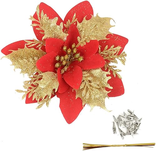 Miniatura 6 de Paquete de 12 adornos colgantes de Navidad con forma de flor con purpurina dorada de 5 pulgadas suministros de decoración para fiestas