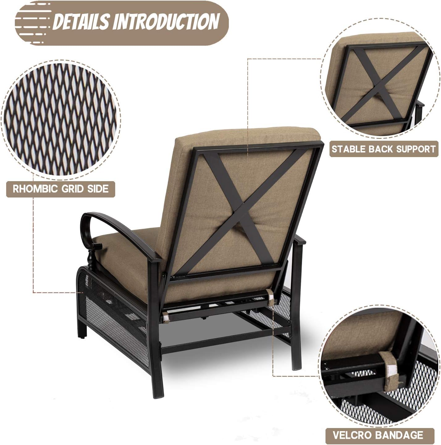 Crownland 3-Piece Outdoor Lounge Chairs Set, Adjustable Reclining Patio Chairs and Umbrella Bistro Table Set, Metal Furniture Set with Water Resistant Cushions(Brown)