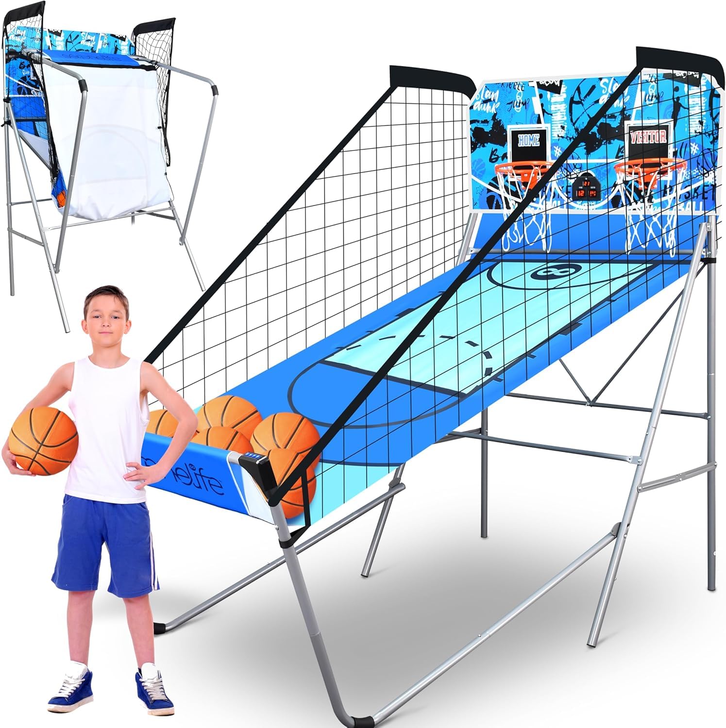SereneLife Arcade Basketball Spiel – Klappbarer Einzel-/Doppelkorb mit elektronischer Anzeige & Stahlrahmen, ideal für Schulen, Jugendräume, Pausenhöfe & Sportvereine, Indoor/Outdoor