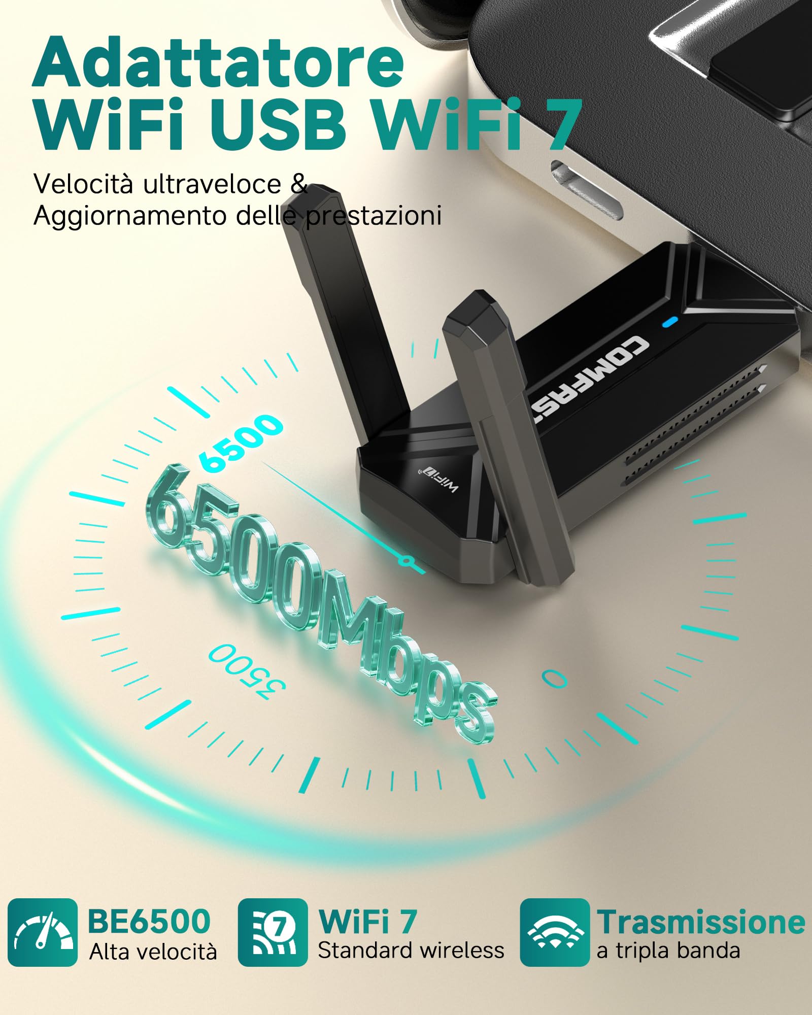 COMFAST Adattatore USB Wireless WiFi7 e Chiavetta WiFi 6500Mbps Tri-Band con Doppia Antenna, OFDMA & MU-MIMO, WPA3, Adattatore USB per WiFi Compatibile con Windows 10/11, Senza Driver Necessari