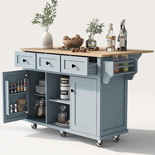 Miniatura 138 de LUMISOL Carrito de isla de cocina con ruedas de bloqueo con 2 cajones y 4 gabinetes, isla de cocina rodante con estantes ajustables, mesa de madera
