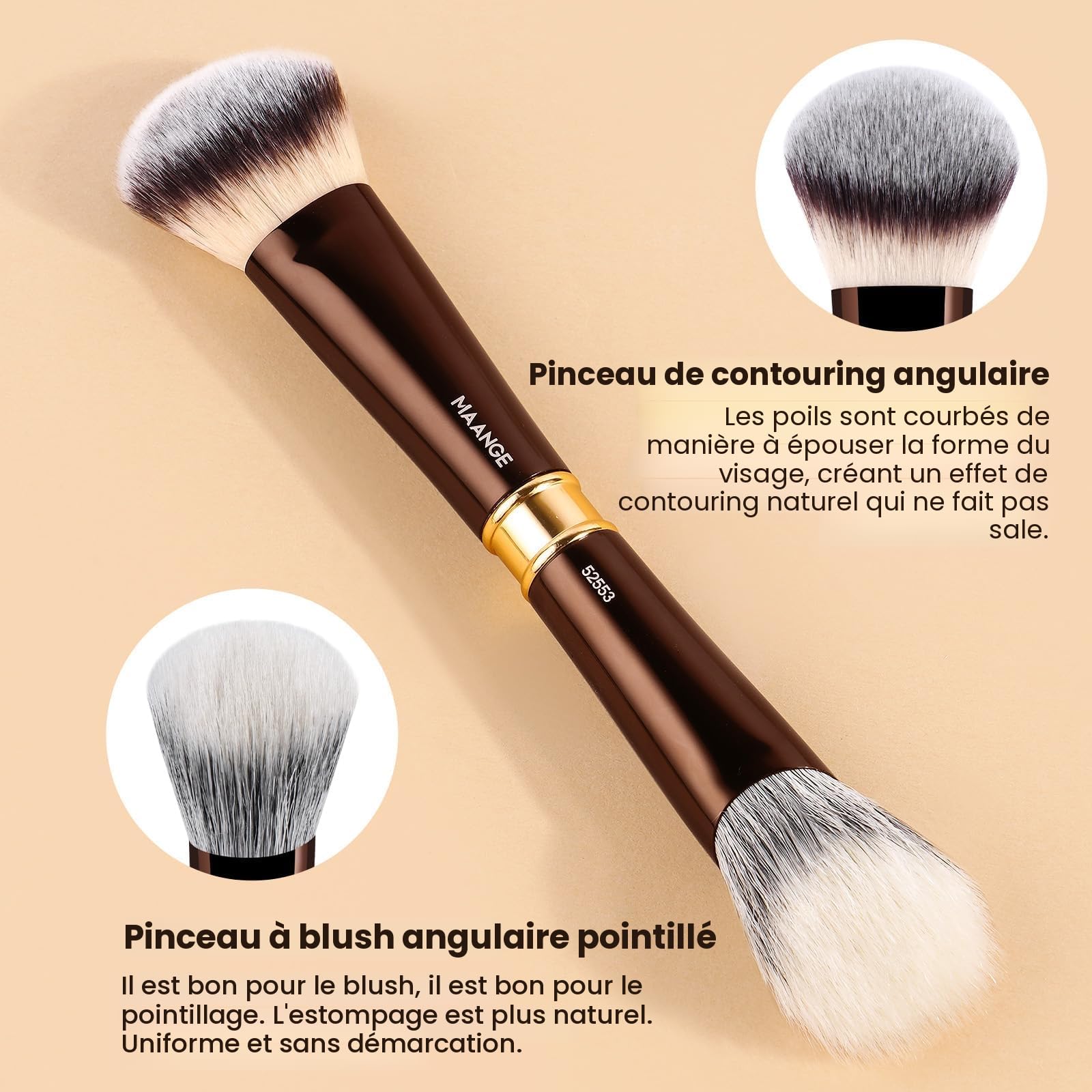 MAANGE Pinceaux Maquillages Professionnels 16 Pièces, Coffret Double Face pour Fond de Teint, Poudre, Contour et Fard à Joues, Set Complet avec Pochette et Boîte Cadeau (Marron Café)