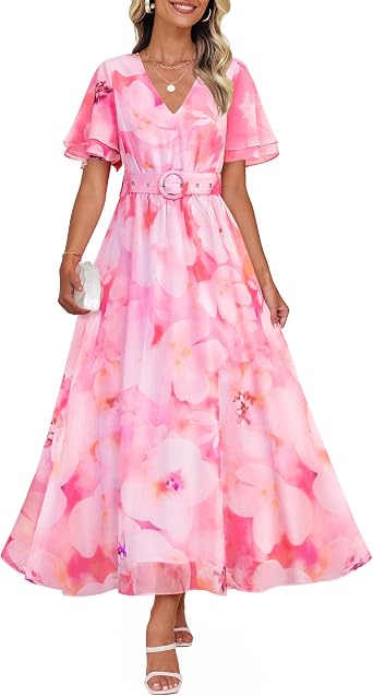 ZESICA Womens 2026 Summer Floral V Neck Midi Beach Vacation Dress