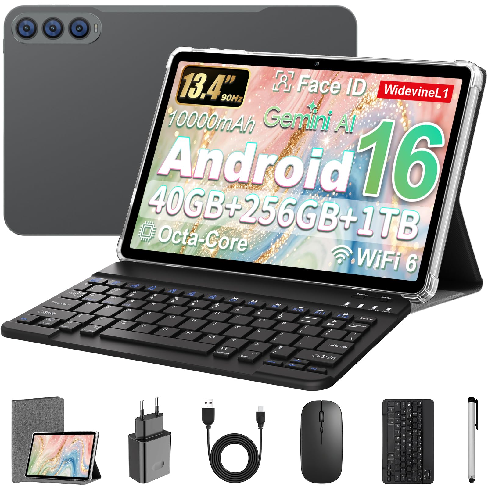 Android 16 Tablet 13,4 Pollici con Gemini AI, Tablet con Cover, Tastiera & Mouse, Unisoc T615 Octa-Core, 40 GB RAM + 256 GB ROM + 1 TB TF, 1920x1200 Display HD, Fotocamera Doppia 5MP + 13MP, 10000 mAh