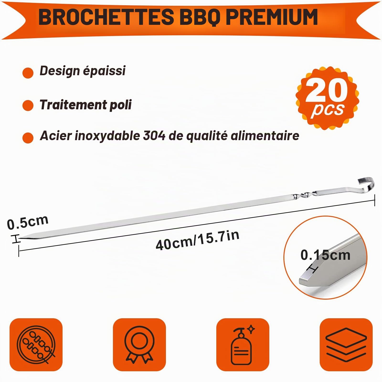Lot de 20 Brochettes à Viande en Acier Inoxydable 304 de Premium, 40 cm Brochettes en Métal Plat pour Barbecue avec Sac en Nylon Portable