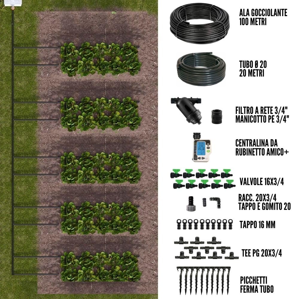 Kit Irrigazione orto automatico con centralina Amico+ Ala Gocciolante 100 Mq Distanza Goccia ogni 20 Cm Impianto Completo raccordi e Filtro Per Giardino