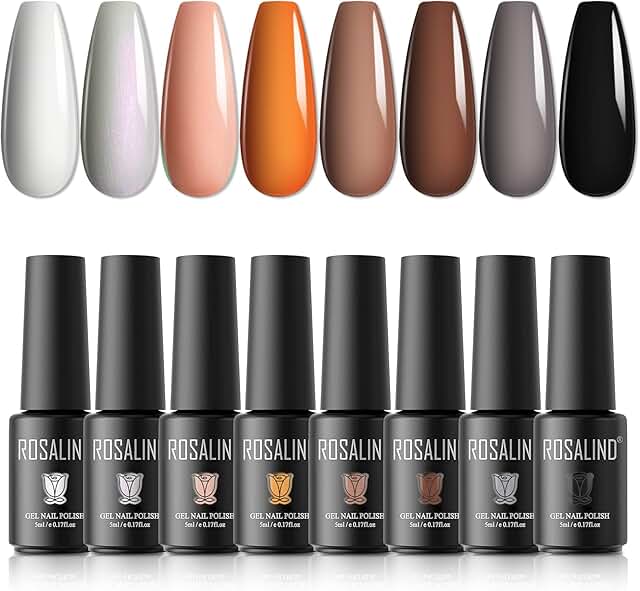 ROSALIND 8PCS White Black Nude Gel Nail Polish Set Fall Neutral Nail Gel Collection Polish, Nude Orange Brown Gel Nail Pol...