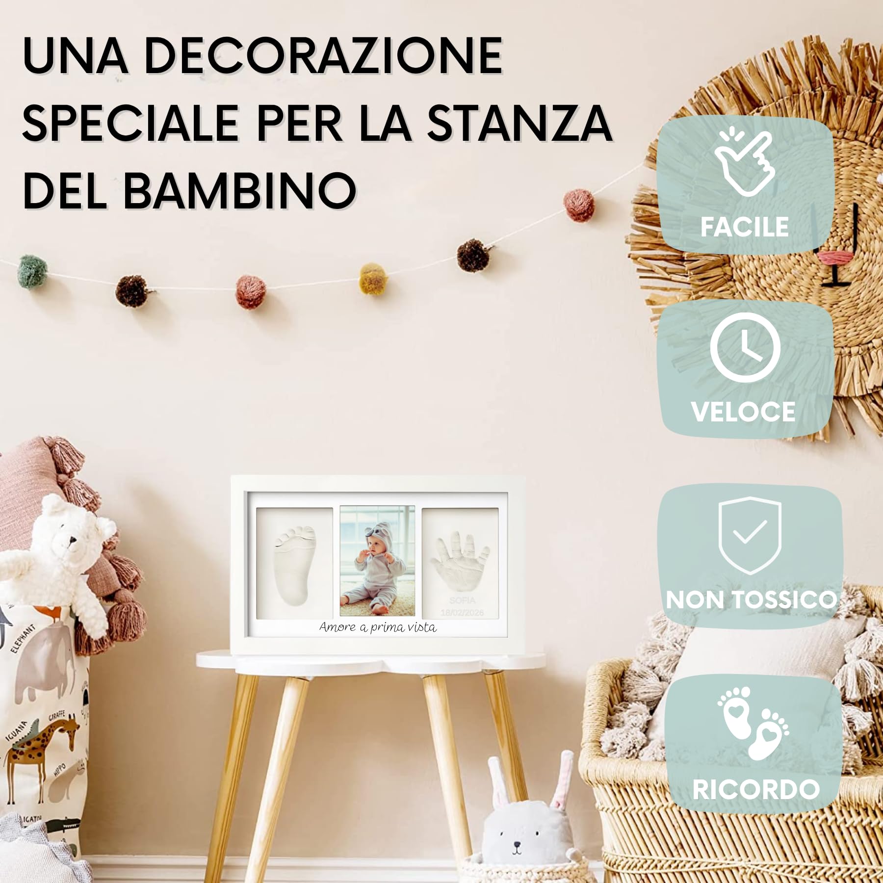 Kit impronte neonato con argilla e cornice per calco mani e piedi, idea regalo nascita o battesimo, ricordo originale bianco