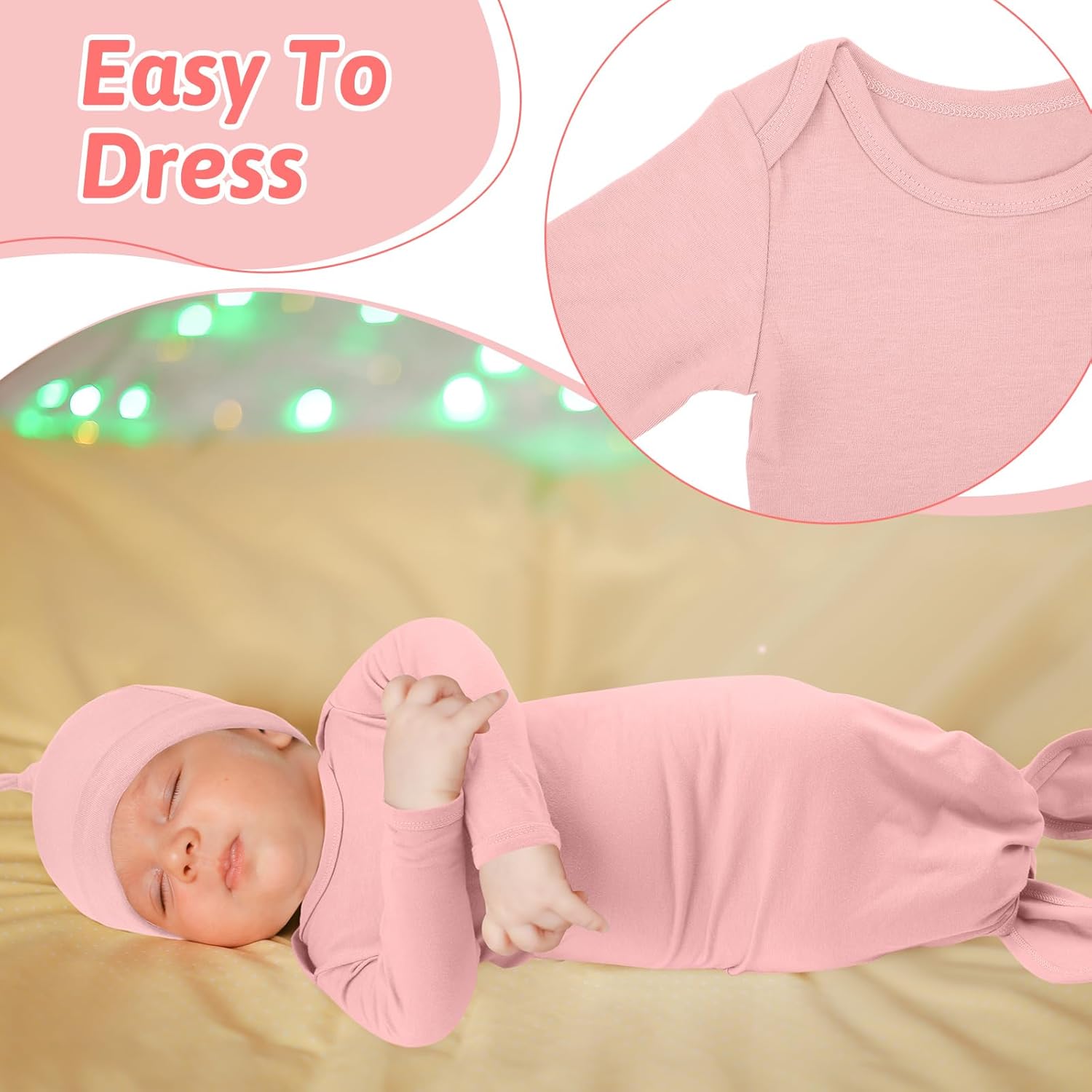 Cuffbow 6 Packs Newborn Baby Knotted Gowns Set 0-6 Months Cotton Sleeper Long Sleeve Nightgown and Hat Set for Infant Baby - Image 5