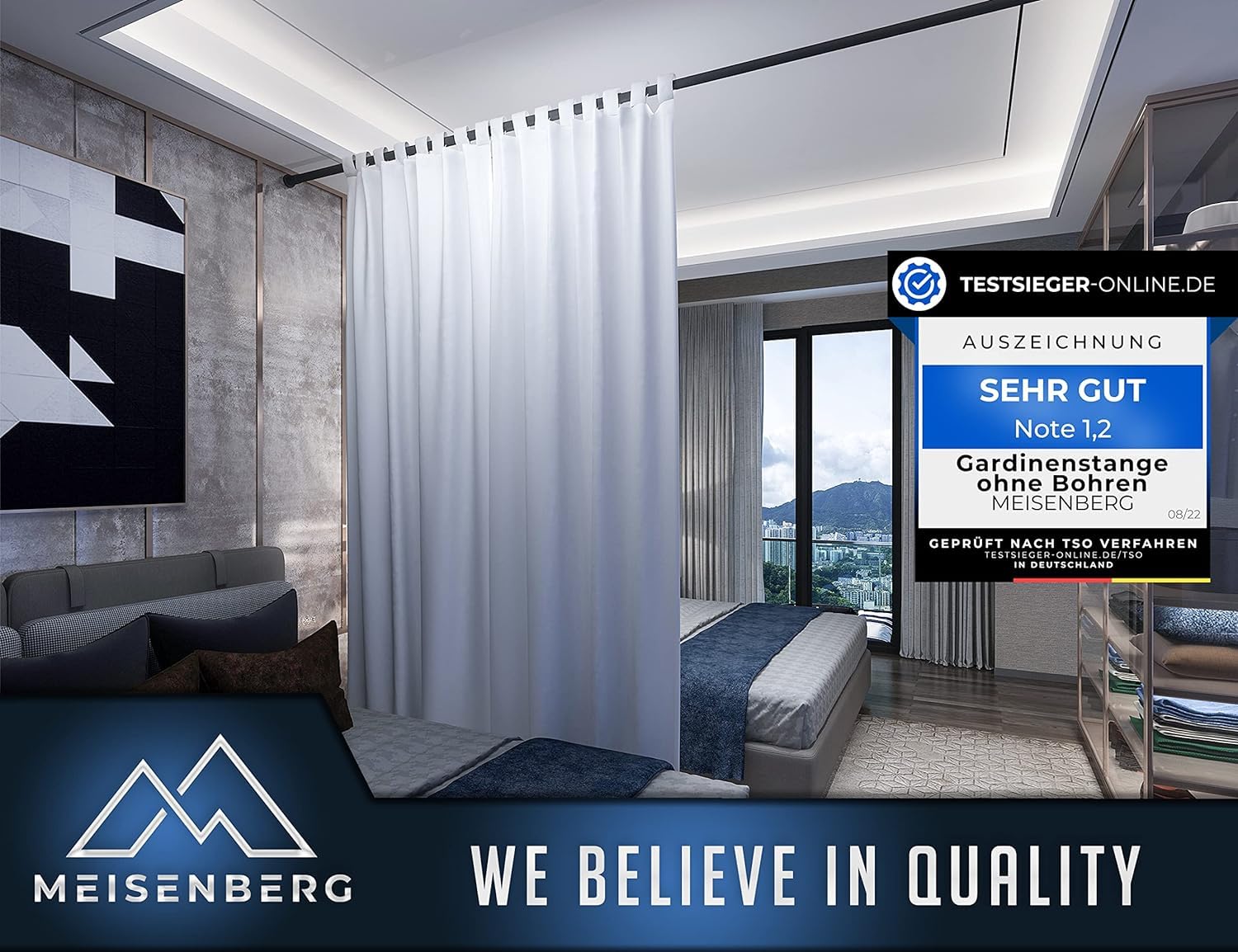 MEISENBERG Barra de cortina sin taladrar, 210-260 cm, diámetro de 32 mm, negro mate, barra de sujeción resistente, extensible y telescópica. Para tus cortinas, balcones y como pared divisoria