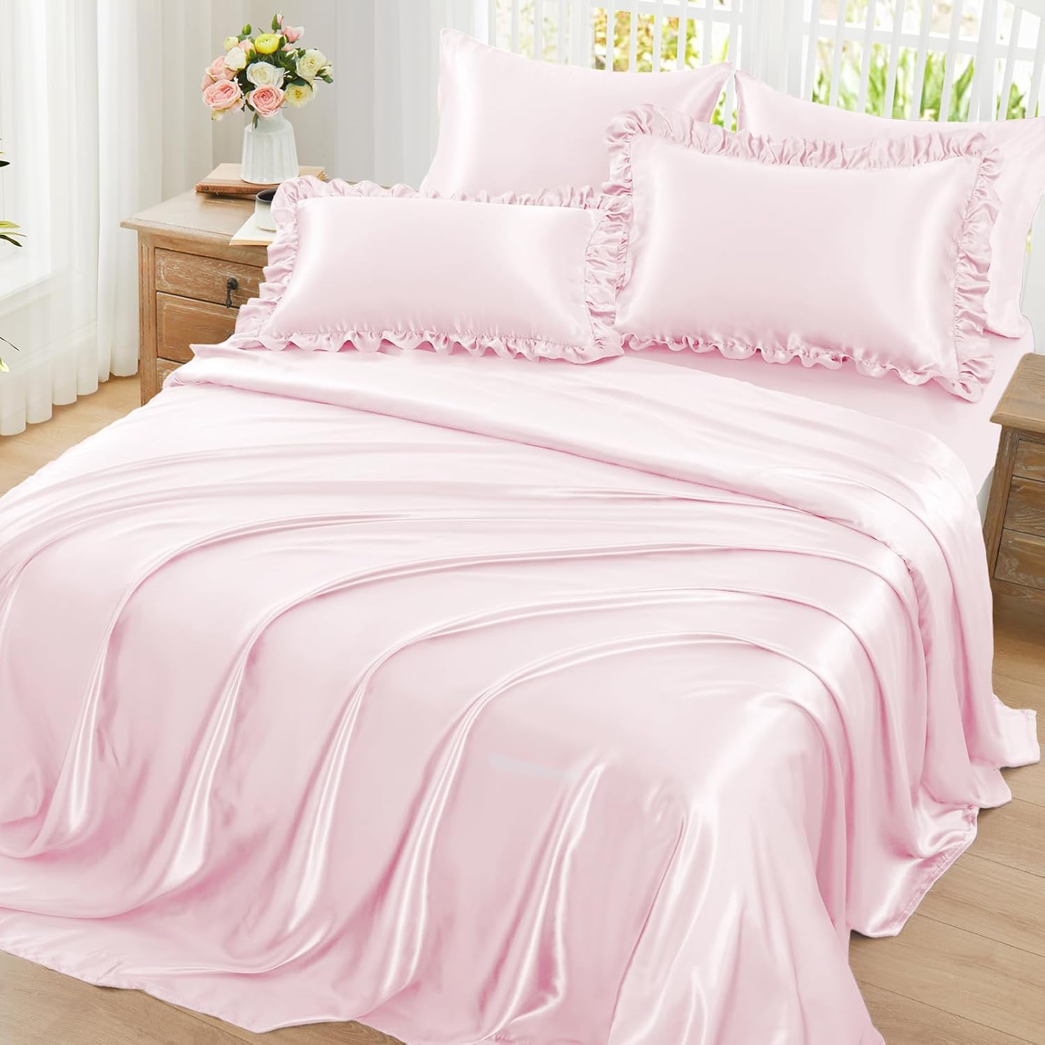 Homiest Ruffled Satin Sheets Twin Size 4pc Set - Blush Pink Bed Sheet Set with 15 Inch Deep Pocket Fitted Sheet, 1 Flat Sheet, 1 Ruffled Pillow Shams & 1 Pillowcases, Similar to Silk Sheets Twin Blush Pink
