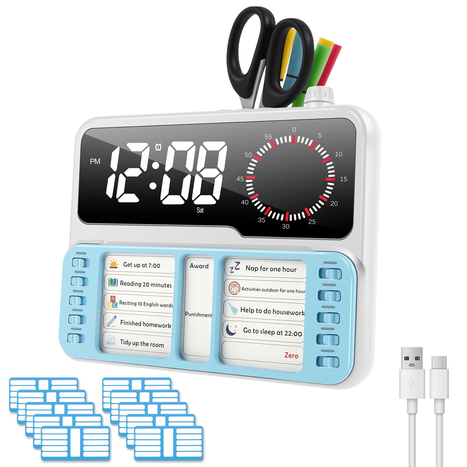 4 in 1 Visual Timer for Kids Temperature Date Display,Autism & ADHD Time Management Tool with Digital Alarm,Pomodoro Timer,Task Chart Planning Board,Silent Countdown Clock for Classroom,Home & Office