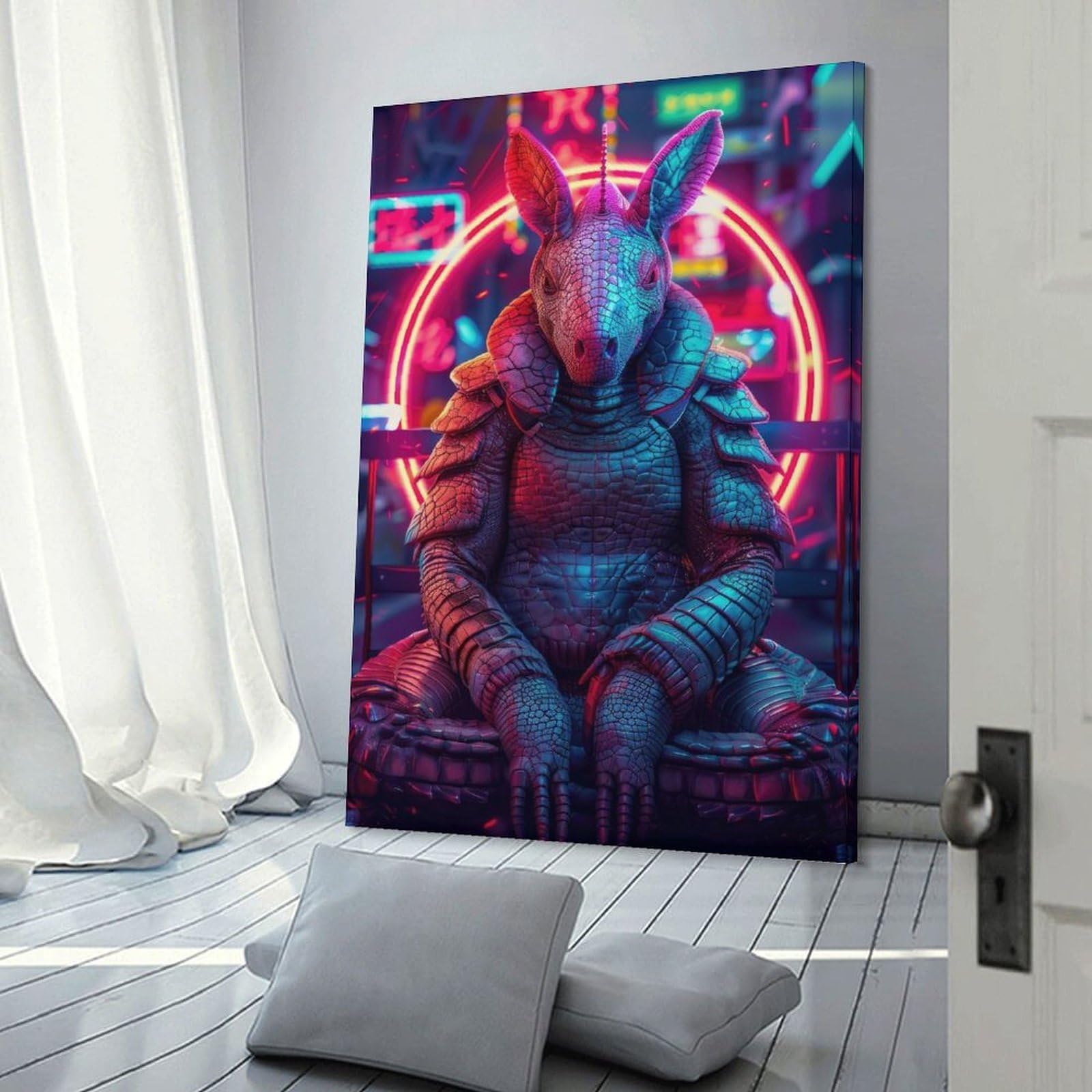 Junmoney Frame-Style-16 Home Decor Wall Art Cyberpunk Armadillo In Neon Cityscape, 24X36inch(60X90cm), For Bedroom Decor, Cosy Corners Or Studios, Decorative Wall Art For Cosy Rooms