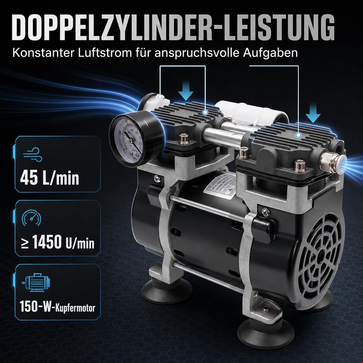 öLfreie Vakuumpumpe, 150W Industrielle Labor Vakuumpumpe 1450Rpm Airbrush Kompressor Niedriger Rausch, Unterdruckpumpe Geeignet für Medizinische Maschinen, Laboratorien
