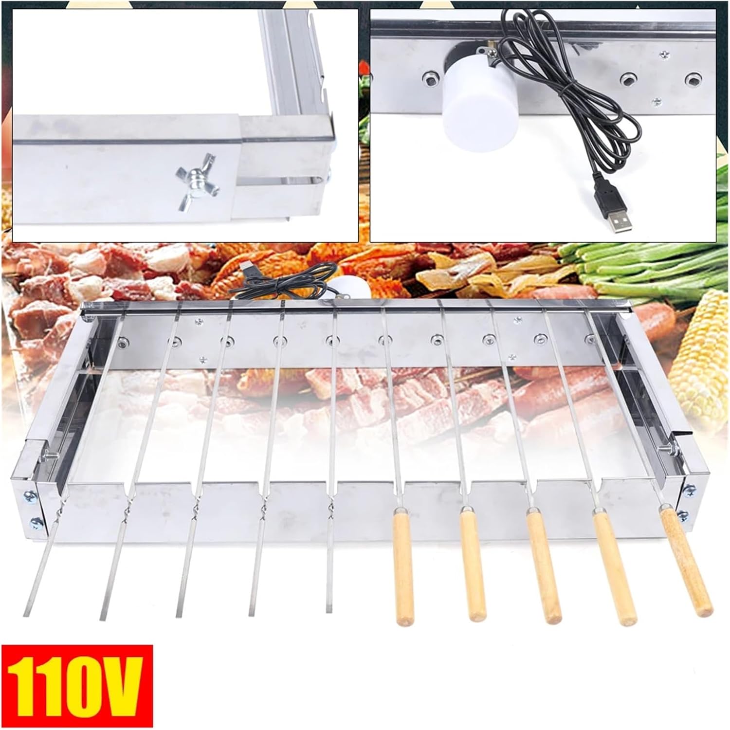 Barbecue 110V Portable Barbecue Grill Stainless Steel Rolling Electric Picnic Automatic Shelf Barbecue accessories