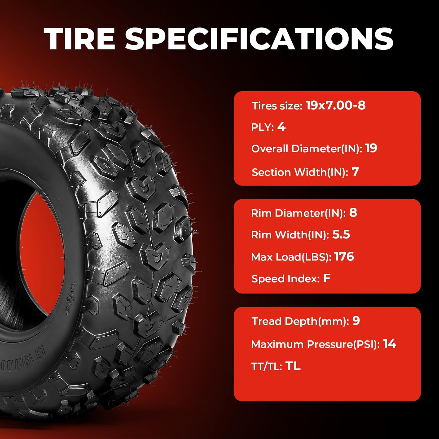 19x7-8 ATV/UTV Tires, 19x7x8 Mini Bike Tires, 4PR All-Terrain Tire, Heavy Duty Tubeless, Directional Tread, Set of 2