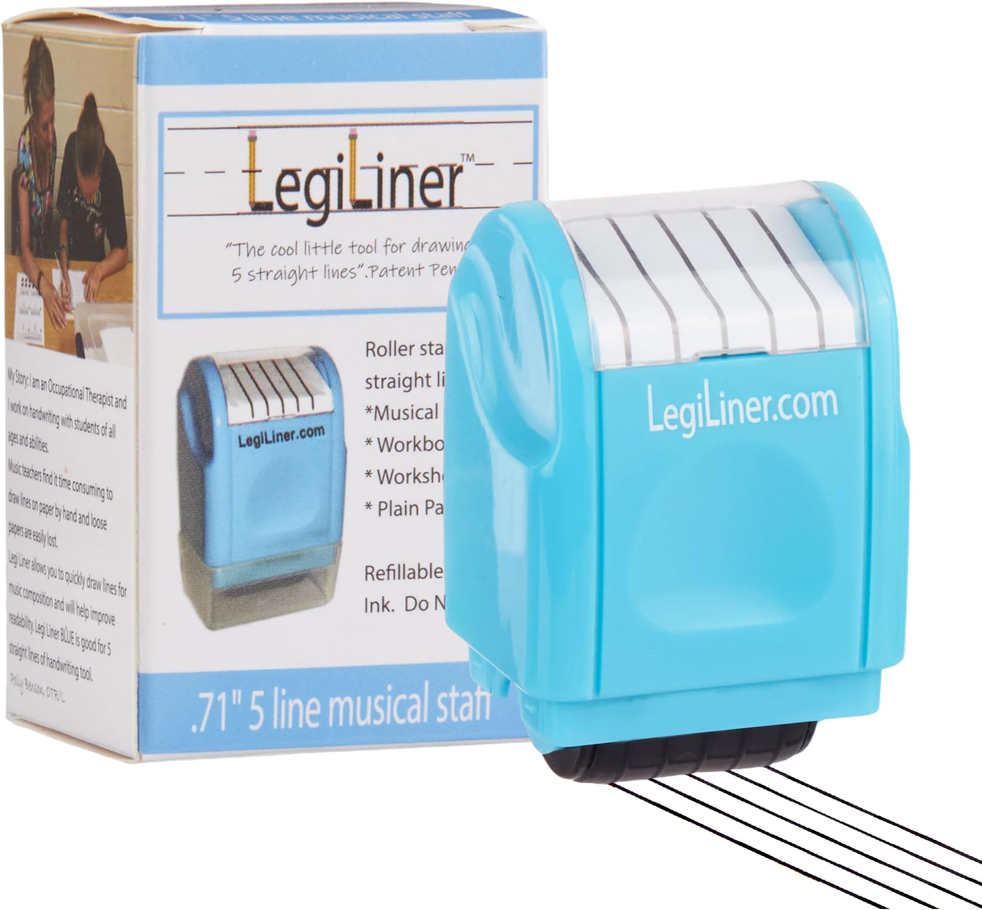 LEGILINER Music Staff Stamp (Lt. Blue) - 5-Line Rolling Ink Pattern for Music & Handwriting - Refillable Ink