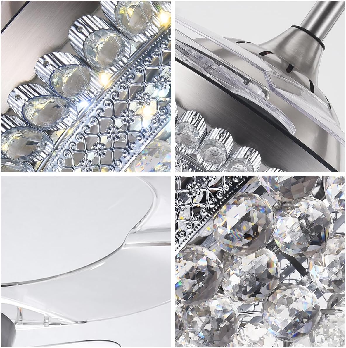 BIGBANBAN 42" Crystal Ceiling Fan with Light Remote Control, Silver Retractable Chandelier Fan 3 Colors LED Light 3 Speeds Modern Fandelier Chandelier for Living Room Bedroom