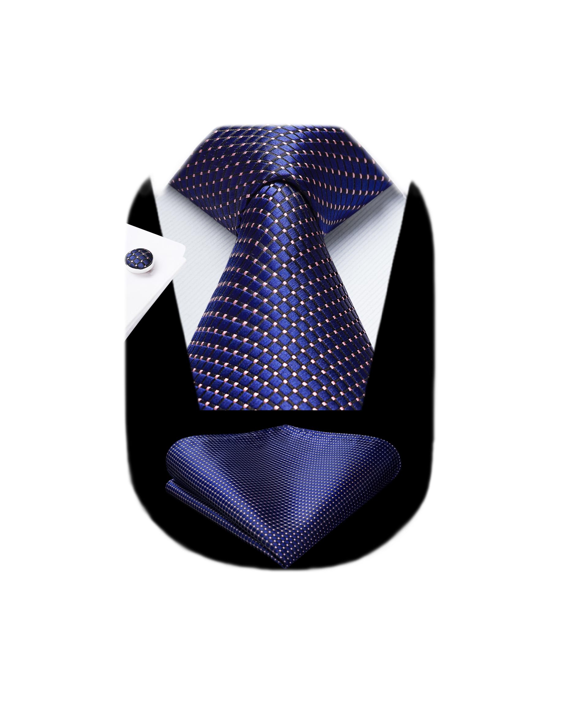 HISDERN Mens Solid Ties Formal Business Woven Tie and Pocket Square Cufflinks Set Classic Silk Satin Necktie Wedding