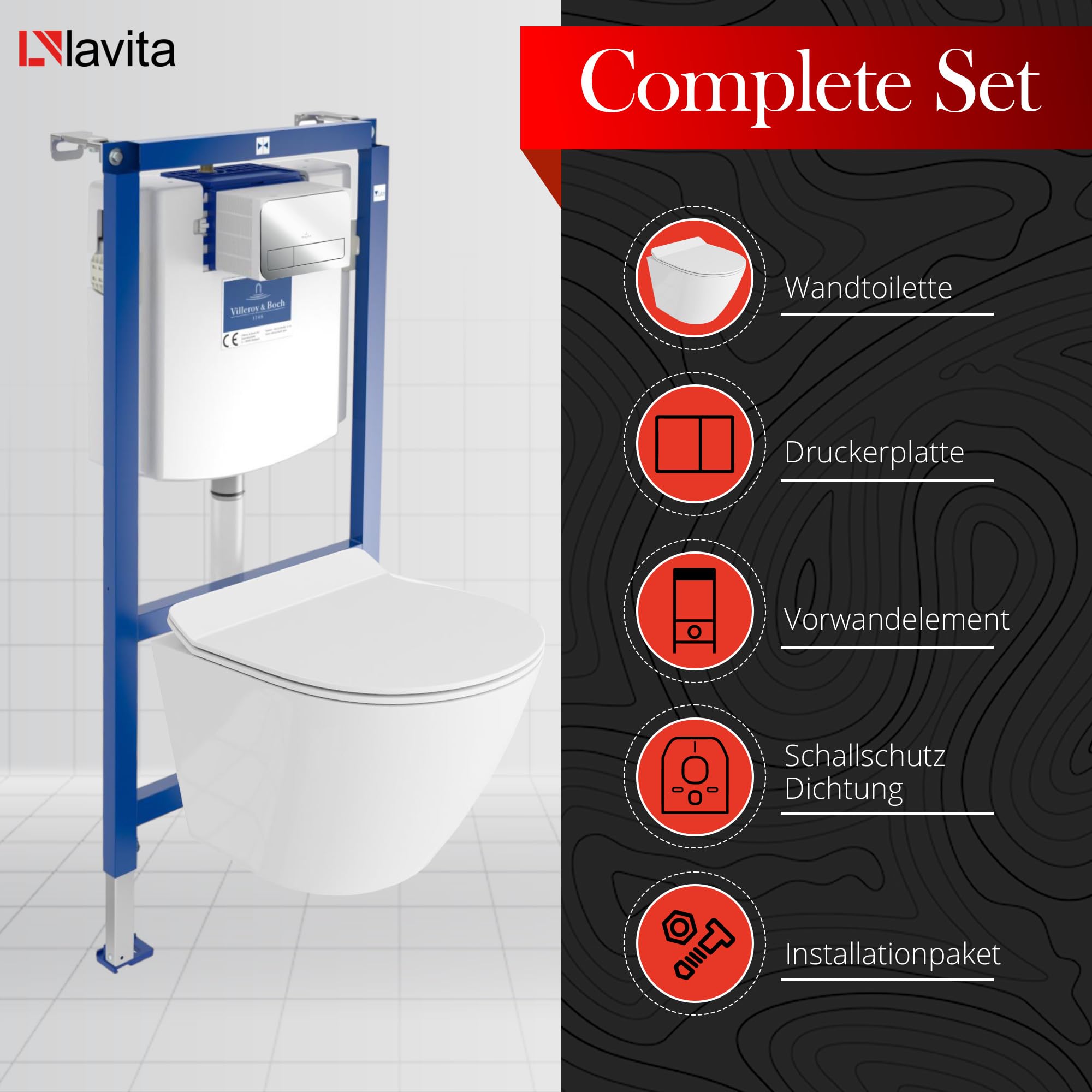 ViConnect H112 - Inodoro empotrado con placa de control + pared colgante profundo Sogo Slim blanco sin bordes, juego completo, cisterna empotrada
