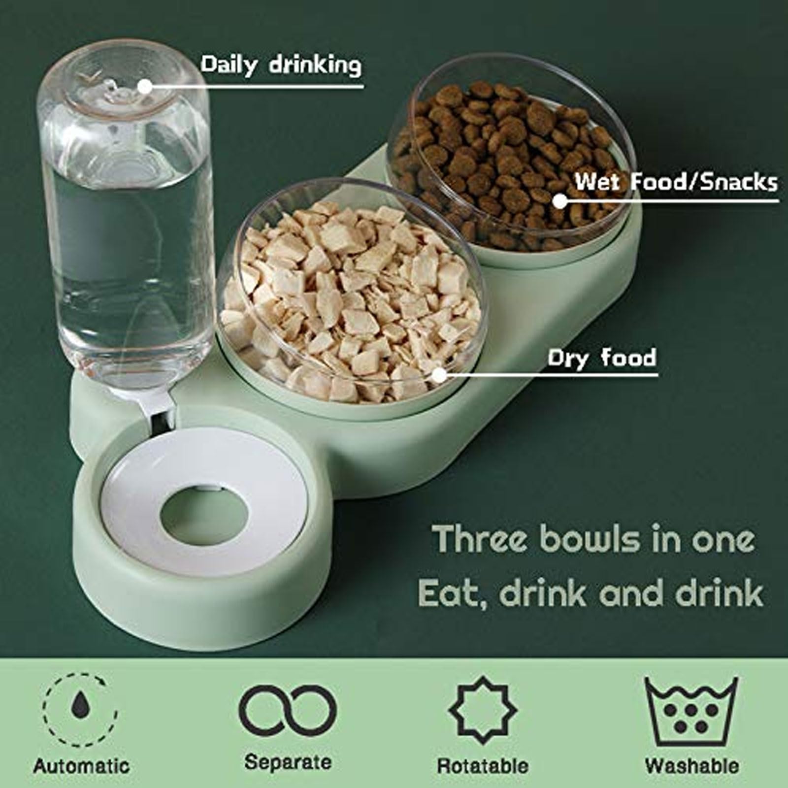 Cuencos 3 en 1 for Perros y Gatos con Soporte Inclinado 15°, antiderrames Ajustable for Comida Agua, for Cachorros(Green)