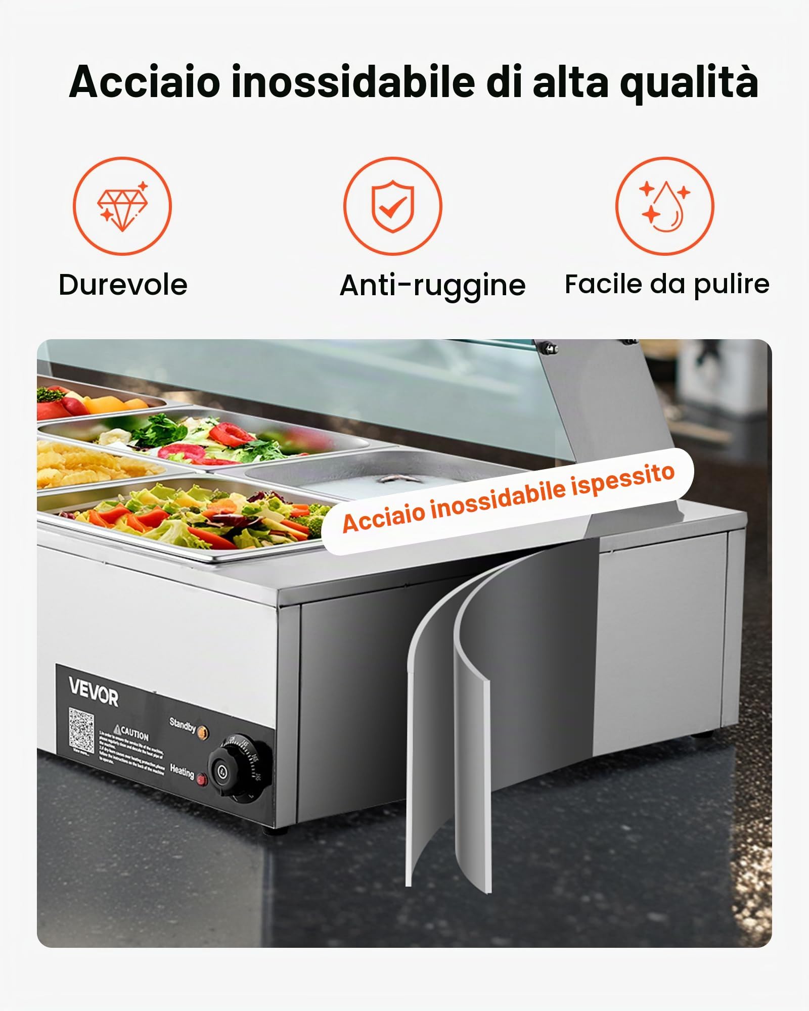 VEVOR Scaldavivande Commerciale, Scaldavivande Elettrico in Acciaio Inox da 1700 W con Coperchio in Vetro, Bagnomaria da Banco a 8 Teglie, con Mestoli per Zuppa e Forati, per Ristoranti