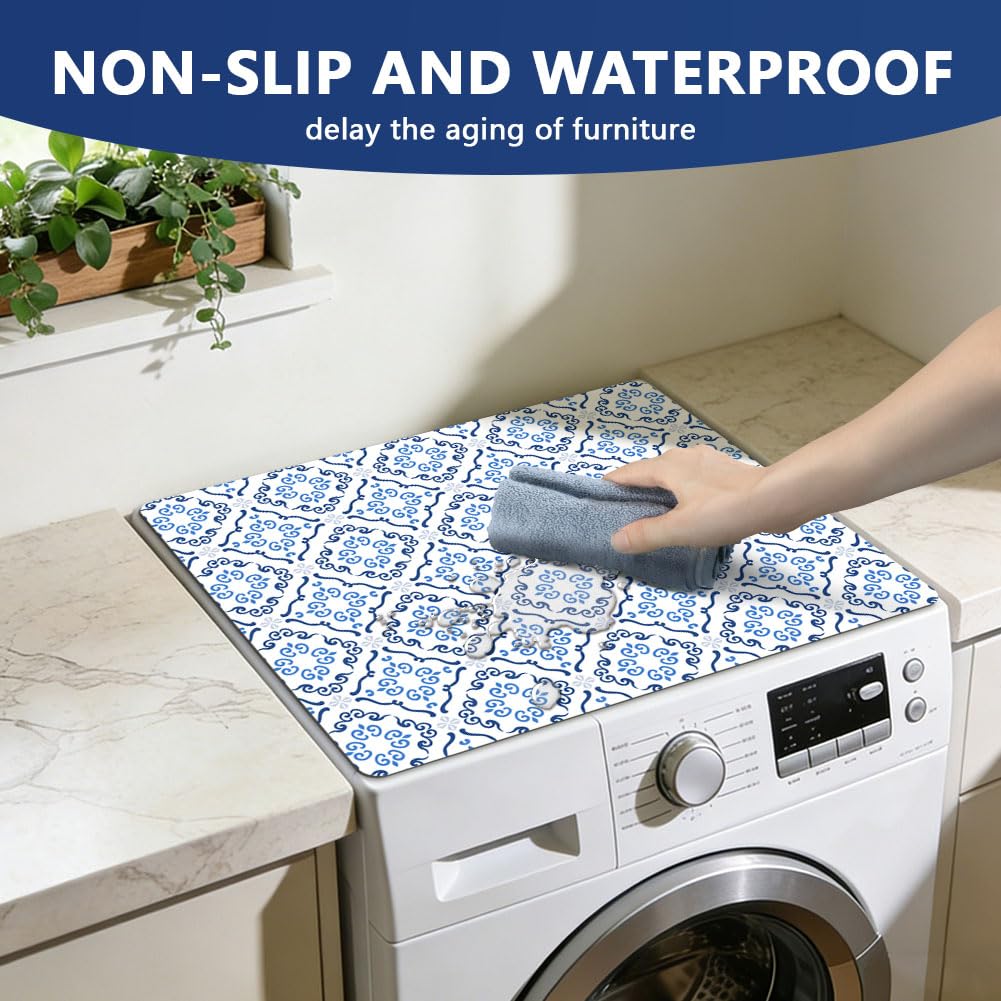 SUPERDANT Tappetino per lavatrice per lavatrice e biancheria a carico dall'alto, 60 x 50 cm, impermeabile, antiscivolo, copertura del dispositivo con motivo marocchino blu per l'arredamento della