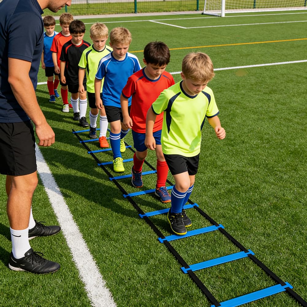 Set da allenamento per calcio, 6 aste slalom, scala di coordinazione 6 m, 12 cappelli, corda per saltare, paracadute di resistenza, set completo per allenamento di coordinazione