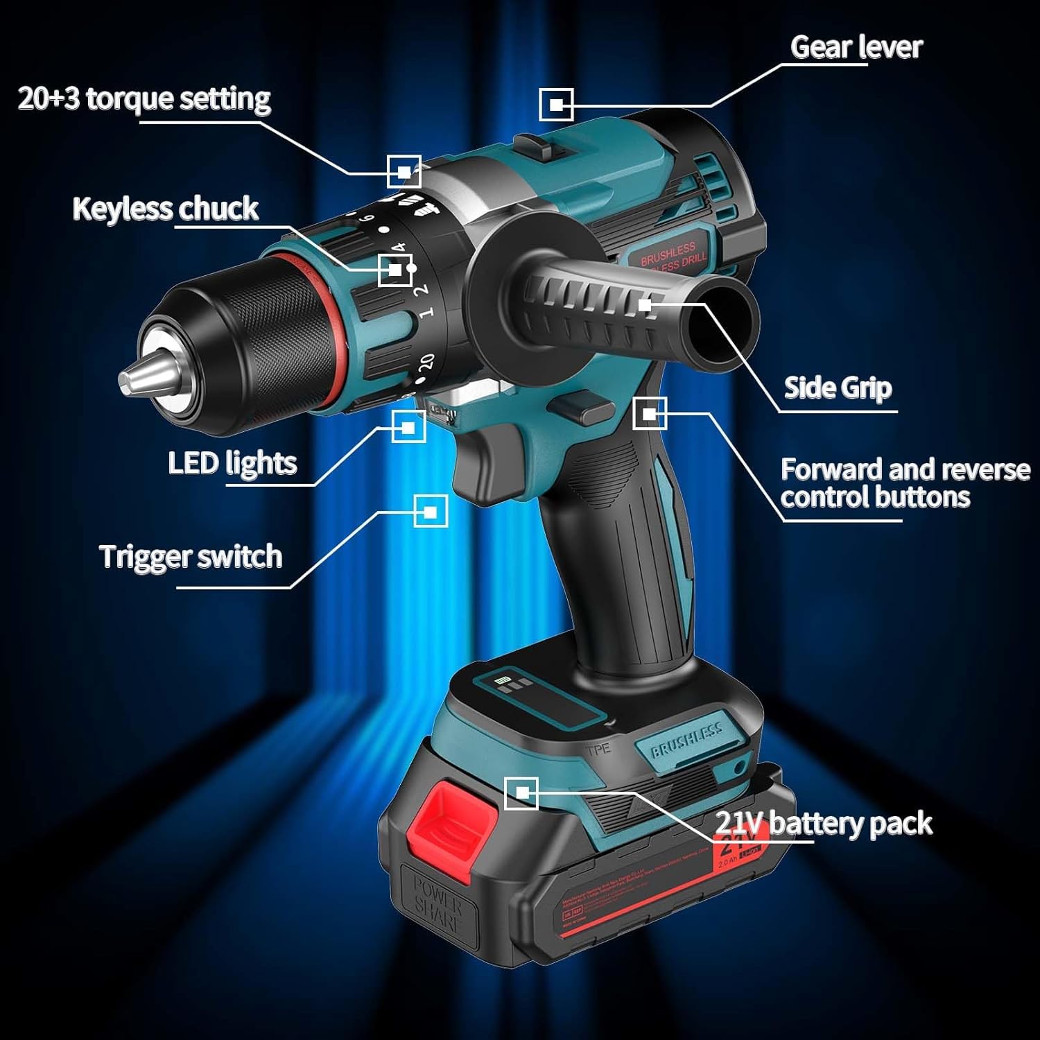 PONOSEU Trapano Avvitatore a Batteria 21V Brushless 80 Nm – Set Professionale con 2 Batterie 2.0Ah, 2 Velocità, 20+3 Regolazioni, LED e Accessori – Per Cantiere, Officina e Ristrutturazione (XL02-H)
