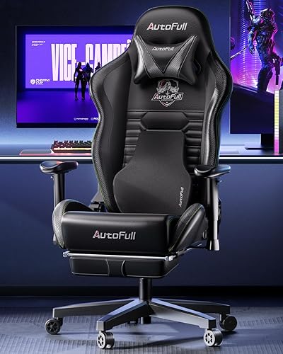 Miniatura 10 de AutoFull Silla de videojuego, silla de oficina, silla de escritorio con soporte lumbar ergonómico, estilo de carreras, cuero sintético, respaldo